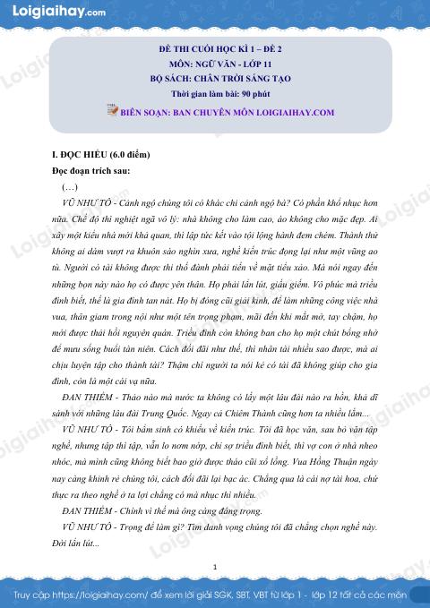Đề thi học kì 1 Văn 11 Chân trời sáng tạo - Đề số 2